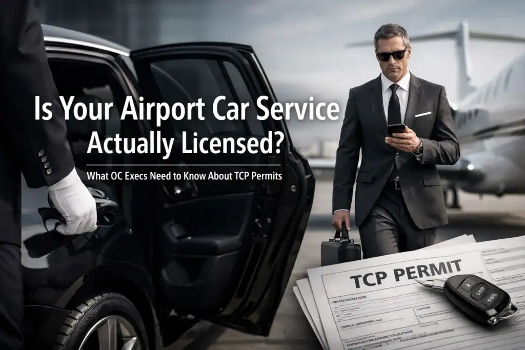 Is Your Airport Car Service Actually Licensed? What OC Execs Need to Know About TCP Permits 5 Professional chauffeur in a black suit with a luxury car at an airport.
