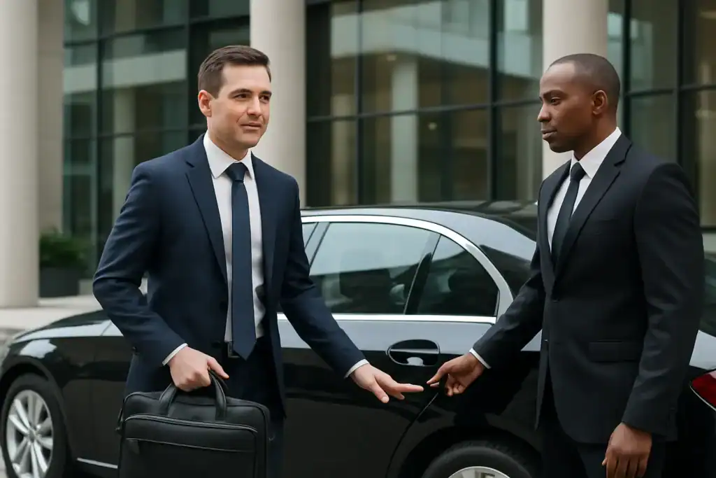 Professional chauffeur handing over keys to client outside luxury black car in Orange County.