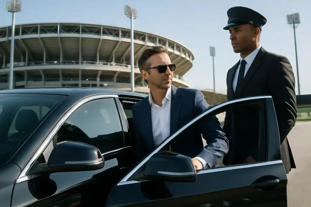 why choose luxe Elite transportation for Los Angeles 1 Professional chauffeur assisting passenger with luxury black car in Orange County.