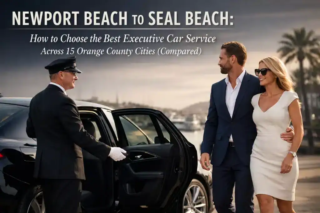 Newport Beach to Seal Beach: How to Choose the Best Executive Car Service Across 15 Orange County Cities (Compared) 6 Professional chauffeur greeting clients outside luxury black car in Orange County.