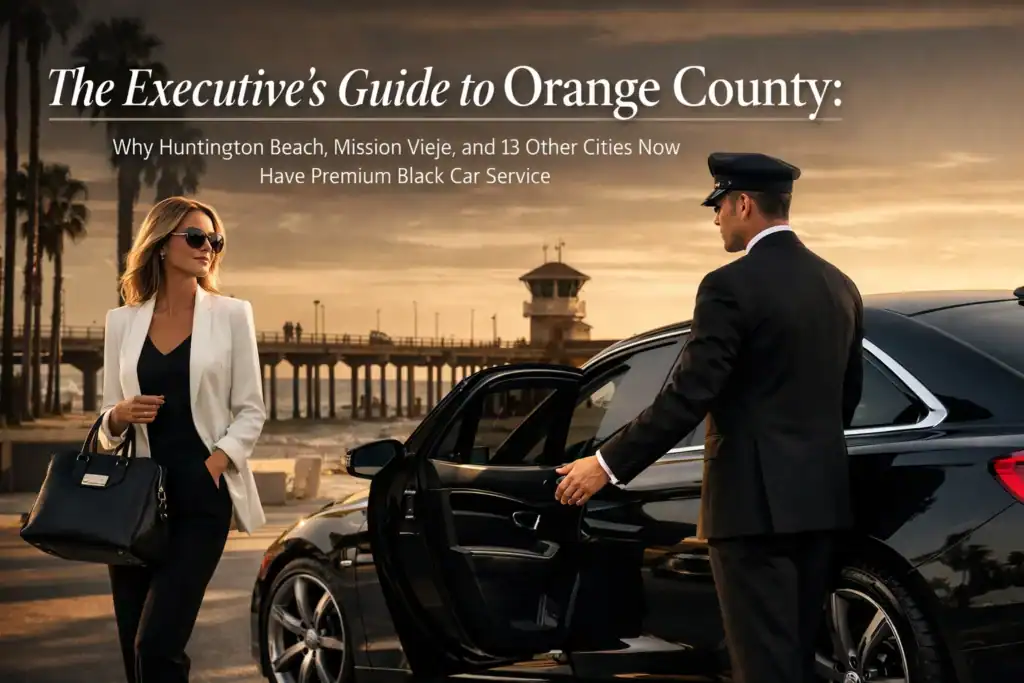 The Executive's Guide to Orange County: Why Huntington Beach, Mission Viejo, and 13 Other Cities Now Have Premium Black Car Service 10 Chauffeur opening car door for a passenger at sunset in Orange County.