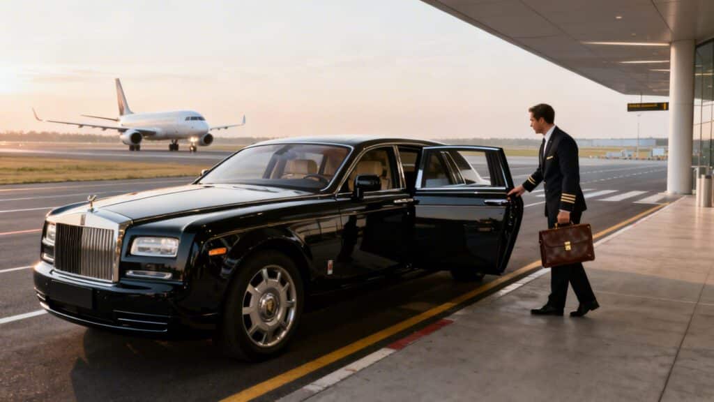 What is black car service? A Guide to Certainty in 3 Steps 40 Chauffeur opening door of luxury black car at airport terminal.