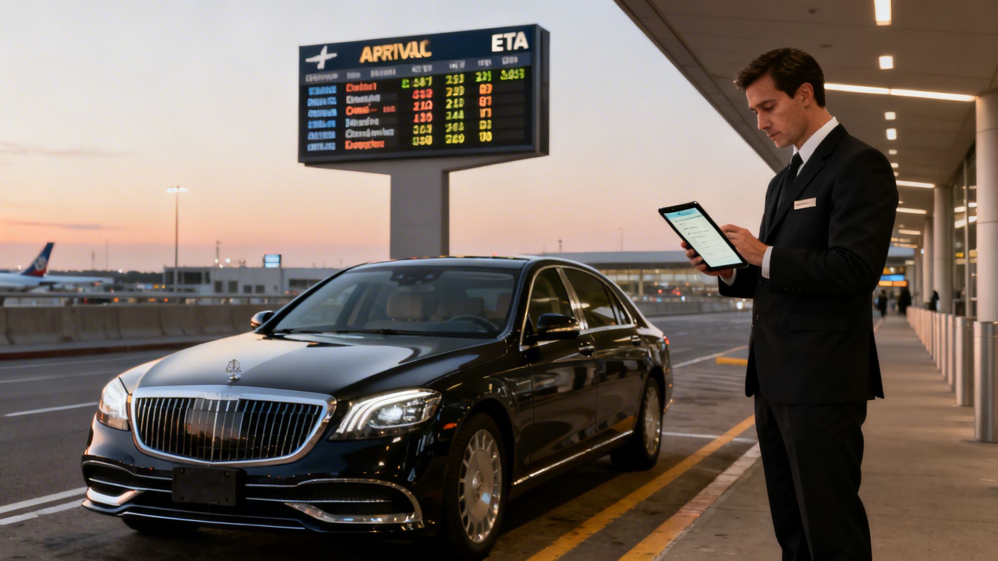 A professional chauffeur checks his tablet next to a black luxury car at an airport during sunset.