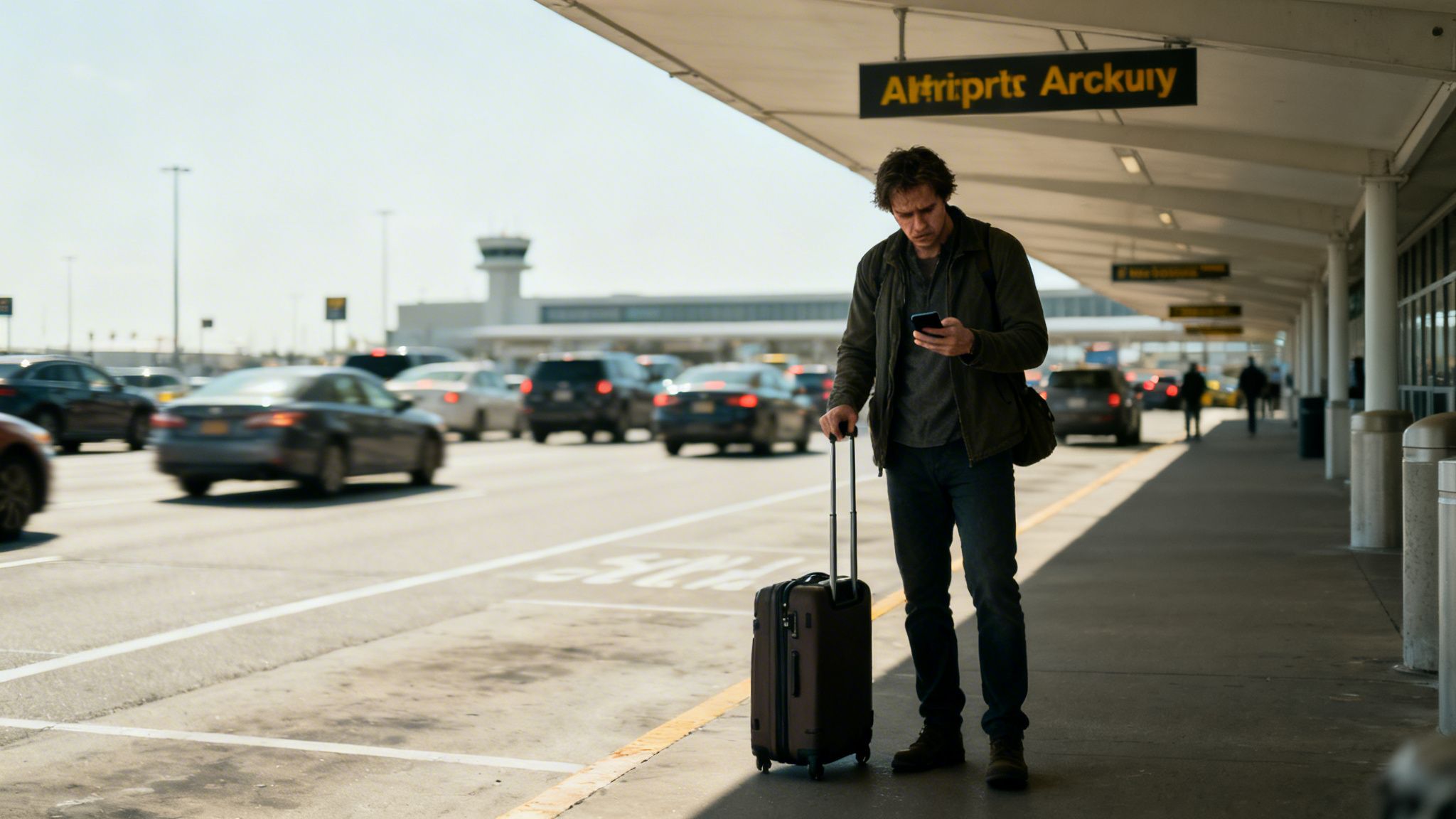 A man with a suitcase checking his phone at a busy airport terminal curb.