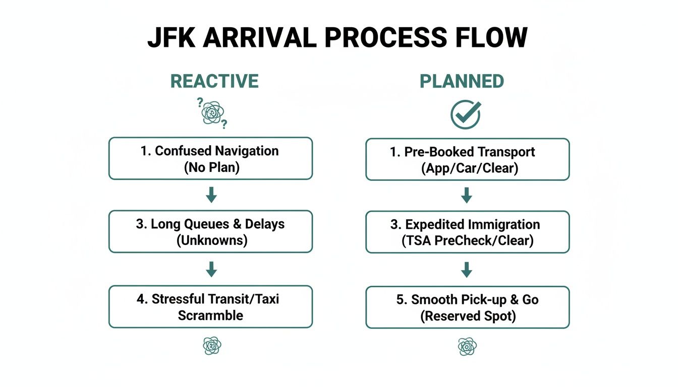 JFK arrival process flow diagram comparing reactive (confused navigation, delays, scramble) versus planned (pre-booked, expedited, smooth) experiences.