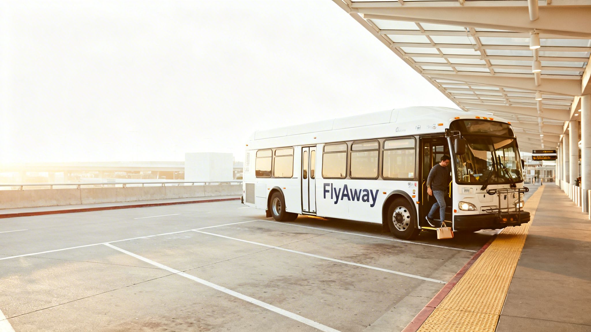 A person exits a white FlyAway bus at an airport terminal during sunset, showcasing convenient transport.
