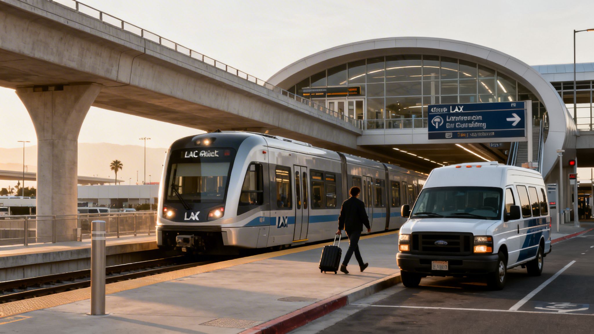 A modern LAX train pulls into a station as a traveler with luggage walks by a white van.