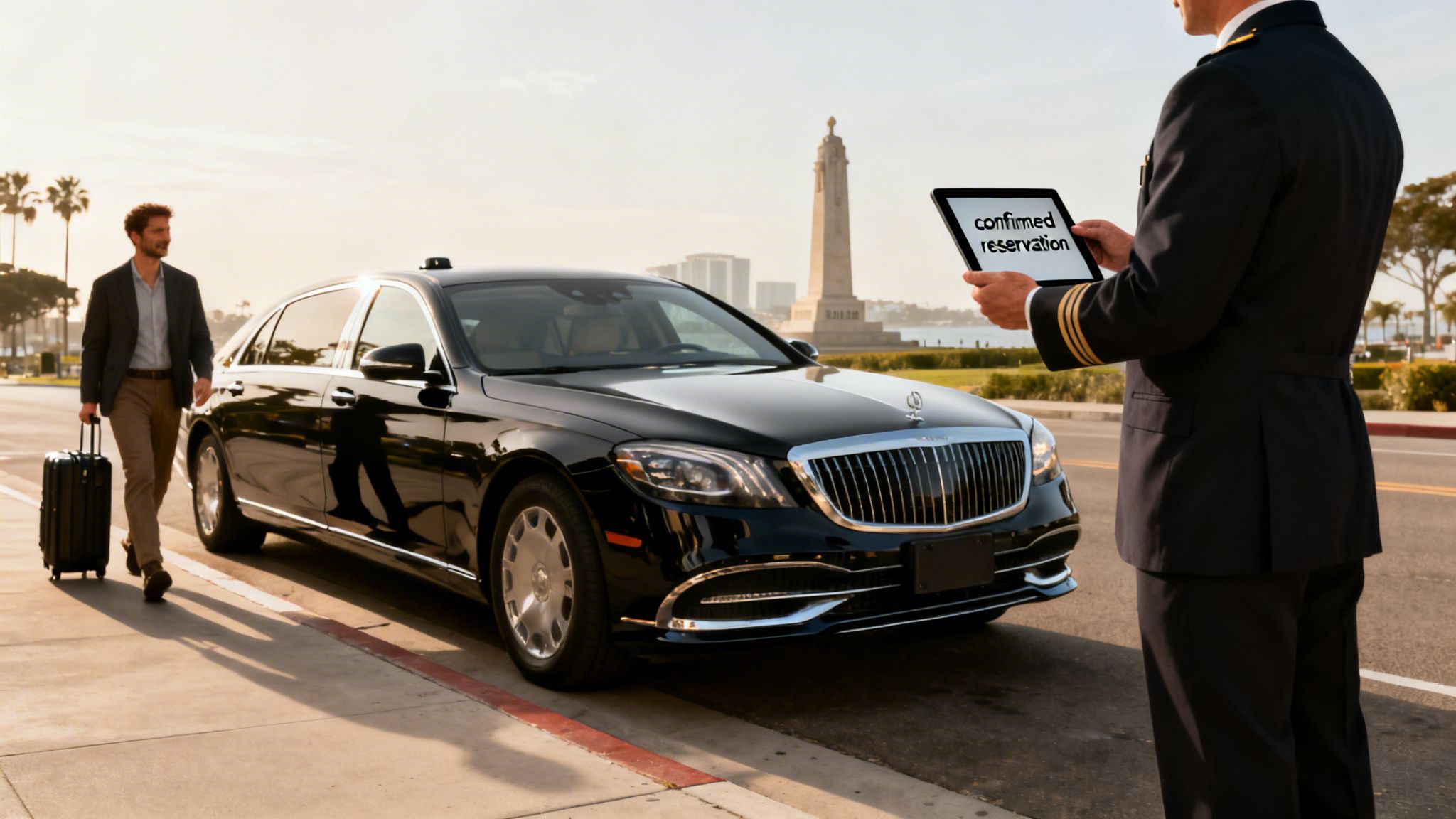 A man with a suitcase approaches a black luxury car while a chauffeur holds a tablet with 'confirmed reservation'.