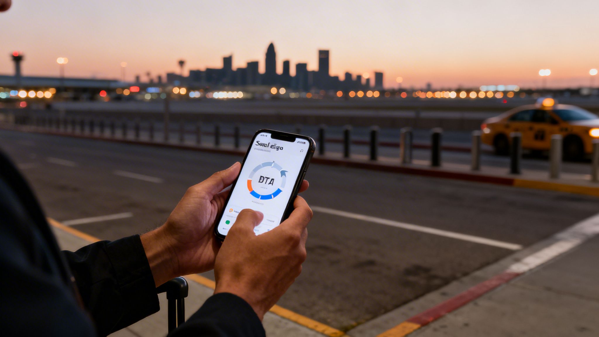 Person using Swvl transportation app on a smartphone at an airport with a city skyline and taxi at dusk.