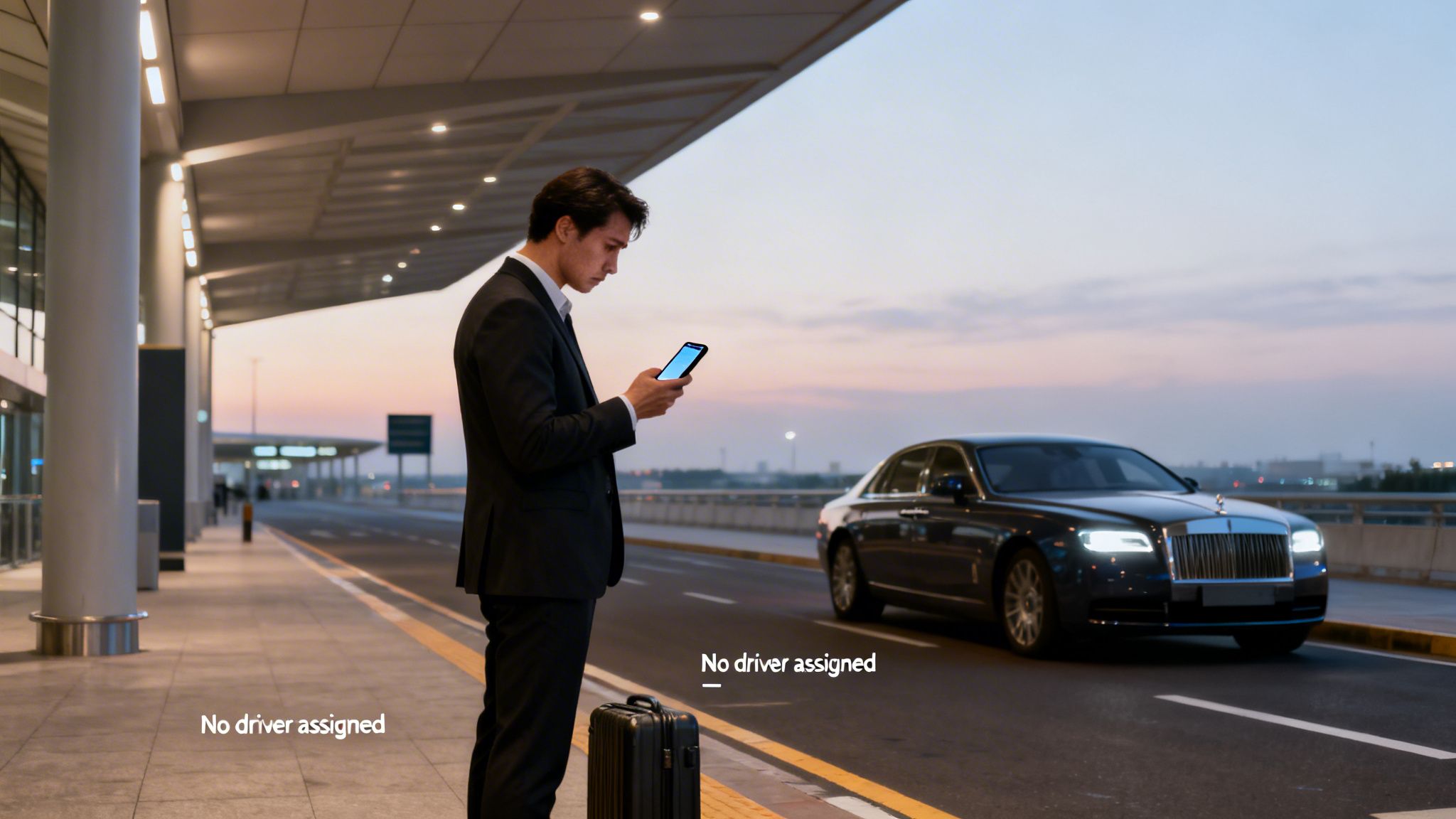 7 Flaws of Blacklane Car Service: The Ultimate Guide for LAX & OC 1 A businessman checks his phone while waiting for a luxury car service at an airport terminal.
