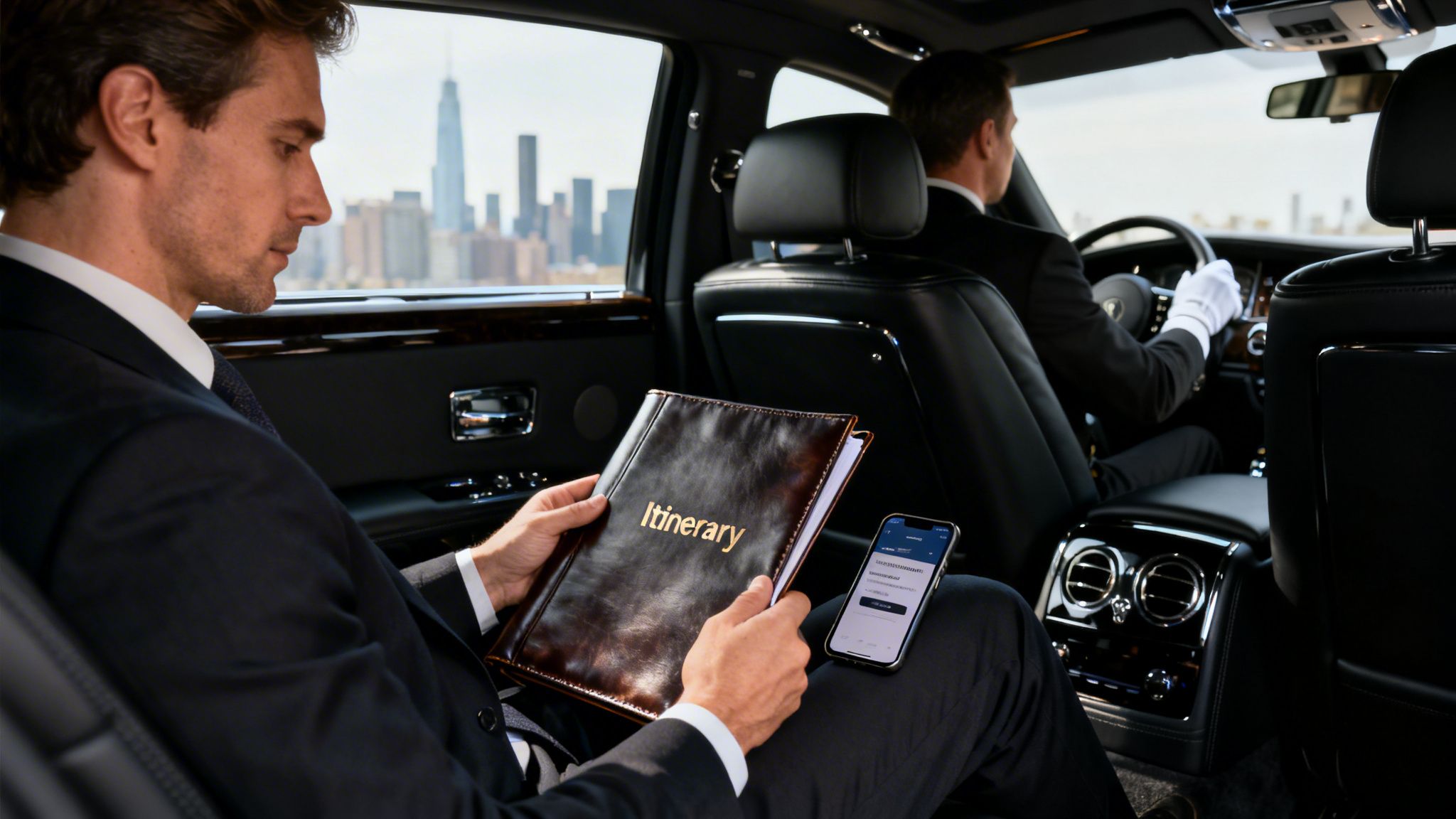 7 Flaws of Blacklane Car Service: The Ultimate Guide for LAX & OC 3 A businessman in a suit reviews his itinerary in a luxury car, with a chauffeur driving and a city skyline visible.
