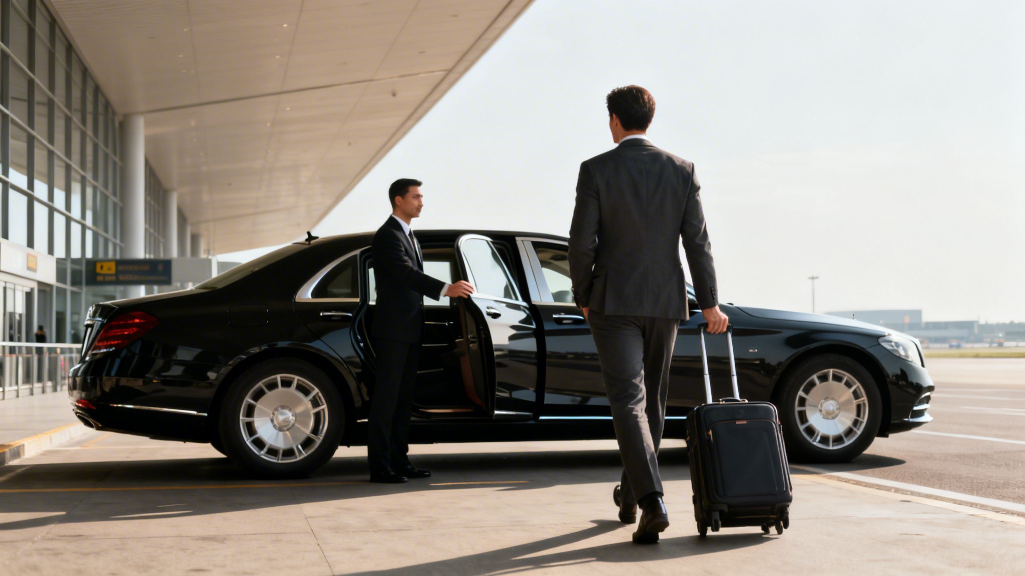 A chauffeur opens a luxury black car door for a businessman with a suitcase at an airport.