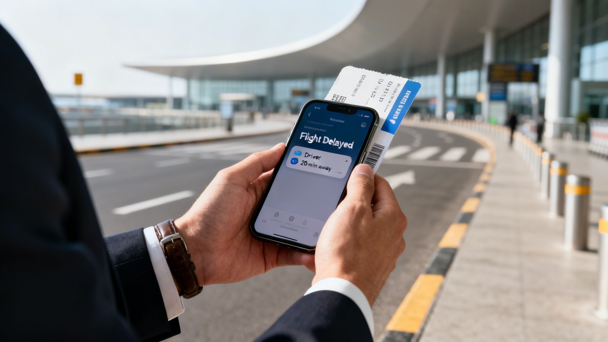 Man's hands holding a phone with flight delay notification and a boarding pass outside an airport.