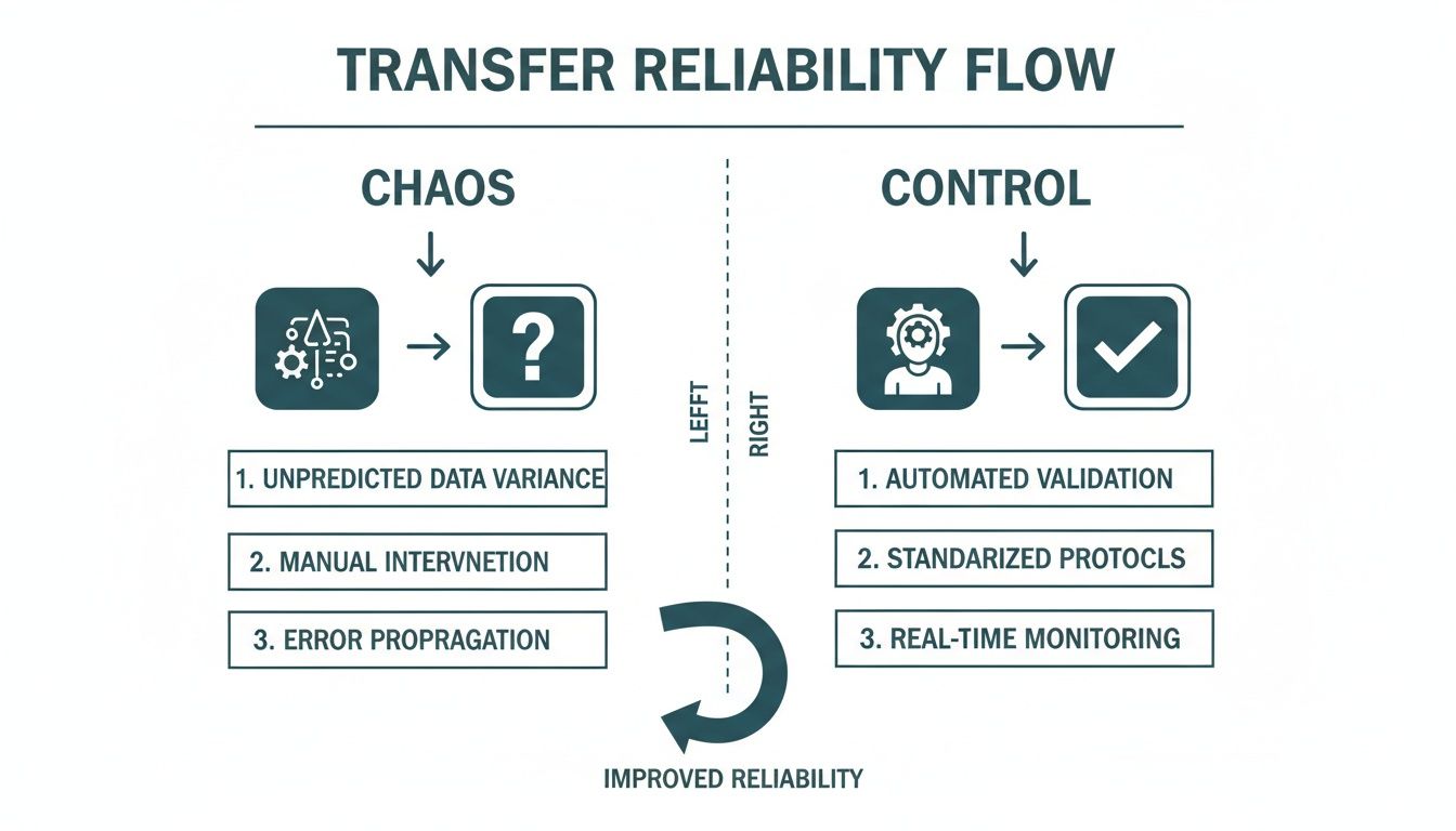 Diagram illustrating transfer reliability flow, contrasting chaos with control for improved reliability.