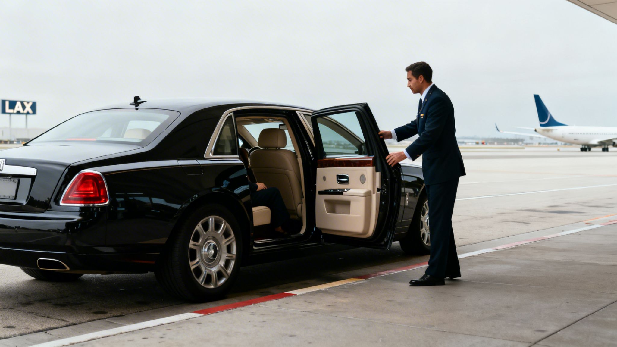 A chauffeur opens the door of a black luxury car for a passenger at LAX airport with an airplane in the background.