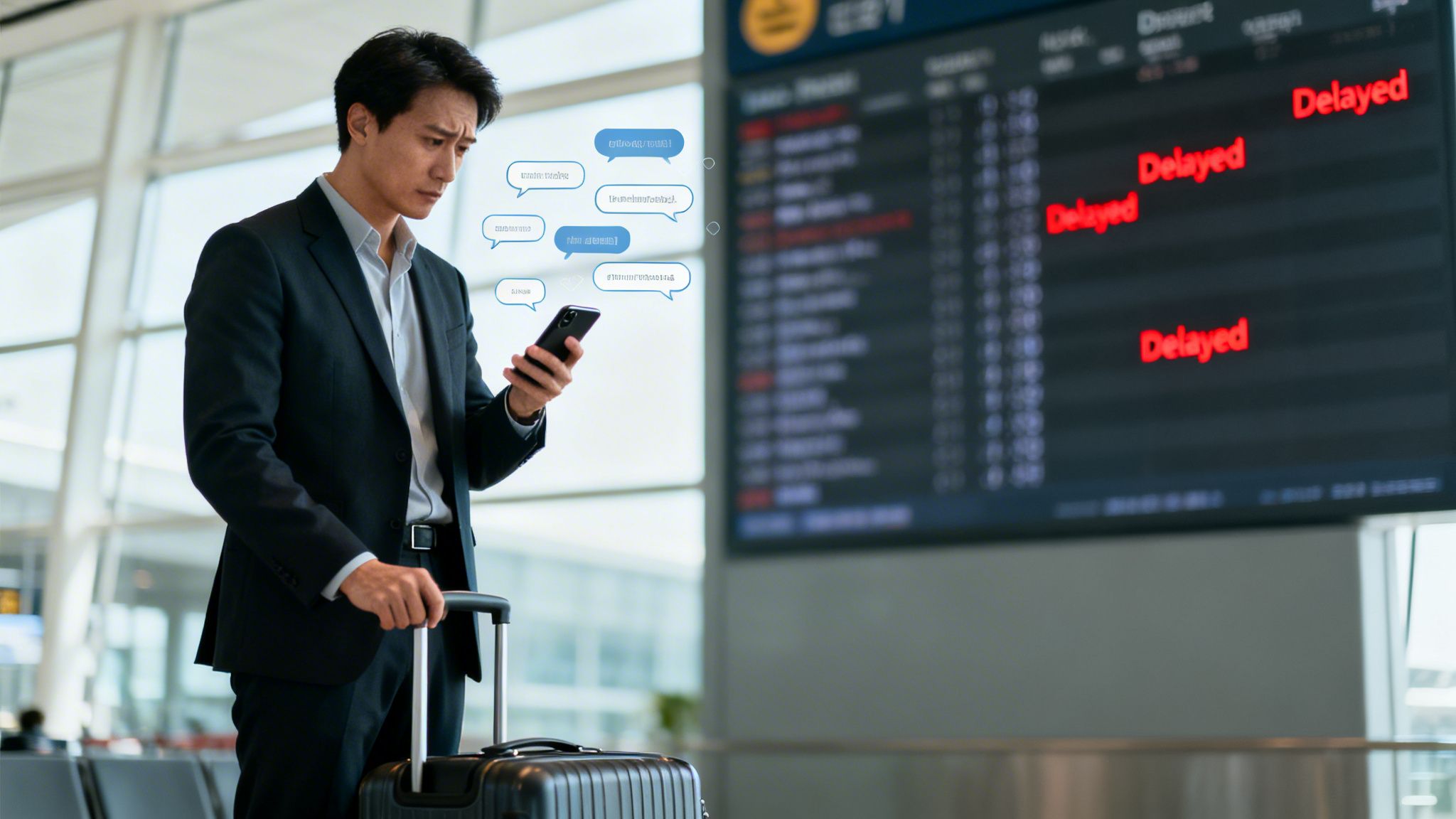 Anxious businessman at an airport checking his phone with flight delays displayed on the screen.