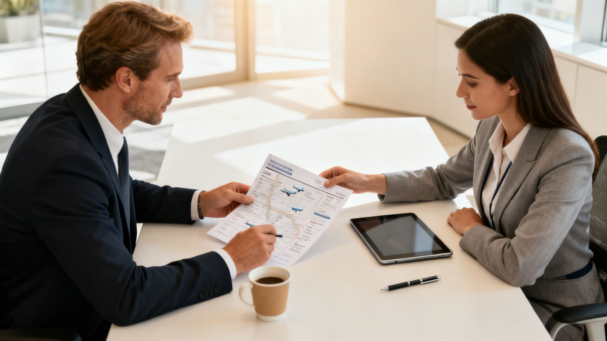 Two business professionals discussing a travel route map in a bright modern office.