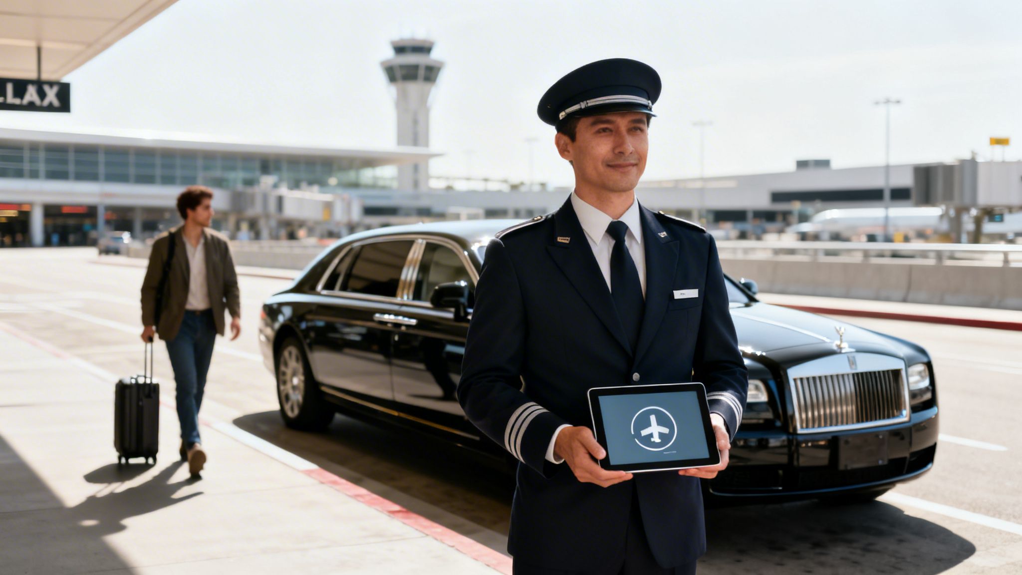Car Services From LAX: 5 Ultimate Fixes for a Broken System 2 A uniformed chauffeur holds a tablet with an airplane icon at LAX next to a luxury car.