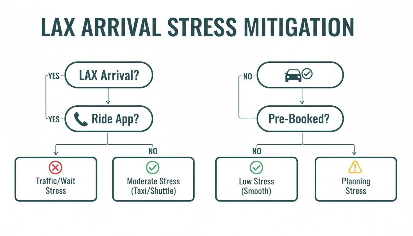 Car Services From LAX: 5 Ultimate Fixes for a Broken System 1 Flowchart detailing LAX arrival stress mitigation through different ground transportation options.