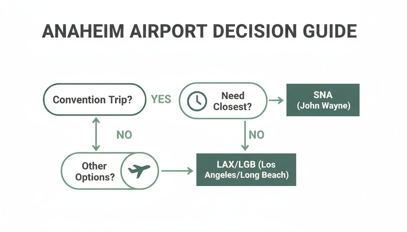 Flowchart guiding airport selection for Anaheim, considering convention trips and proximity to destinations.