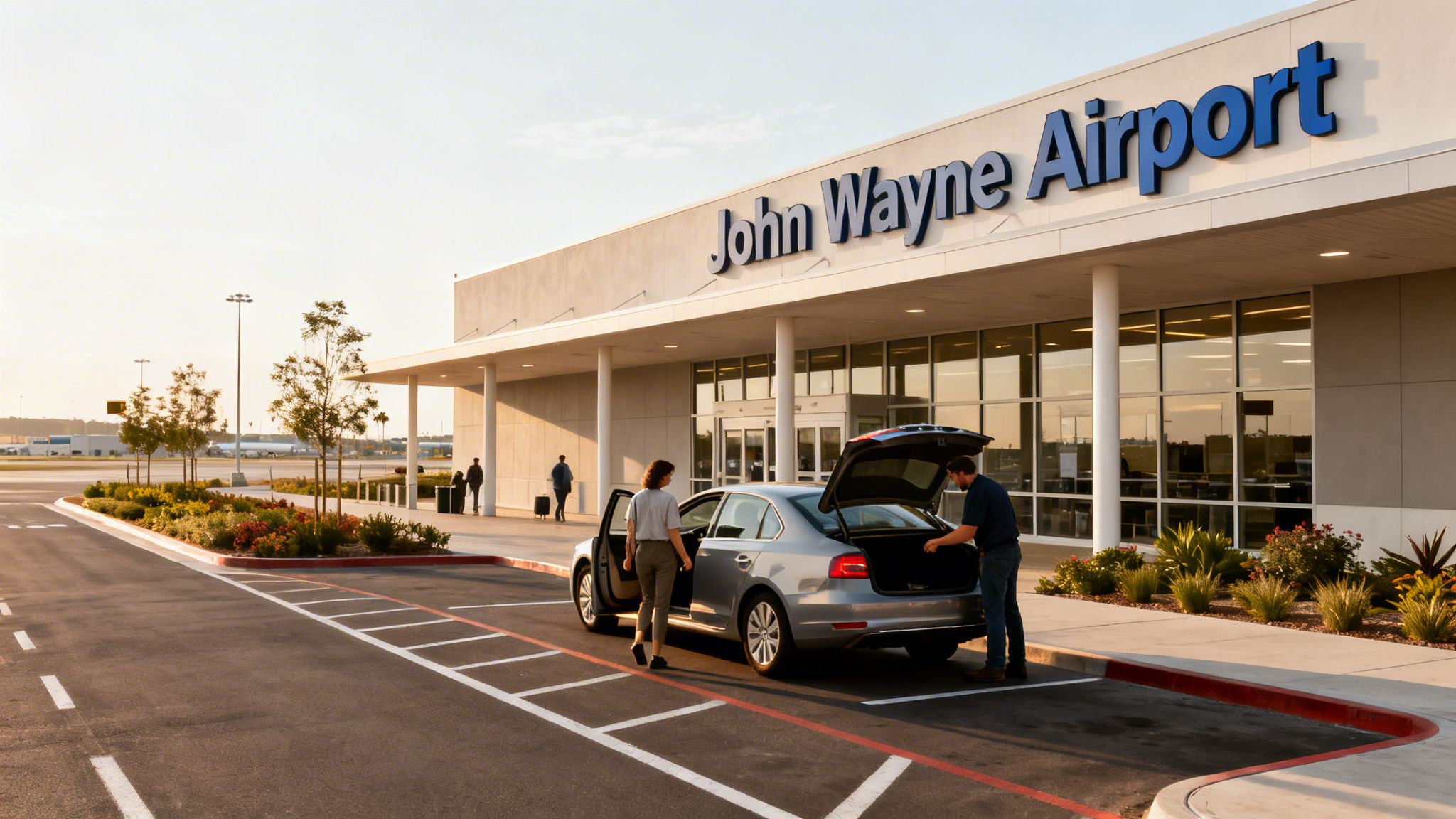 People loading luggage into a car outside John Wayne Airport terminal building at sunset.
