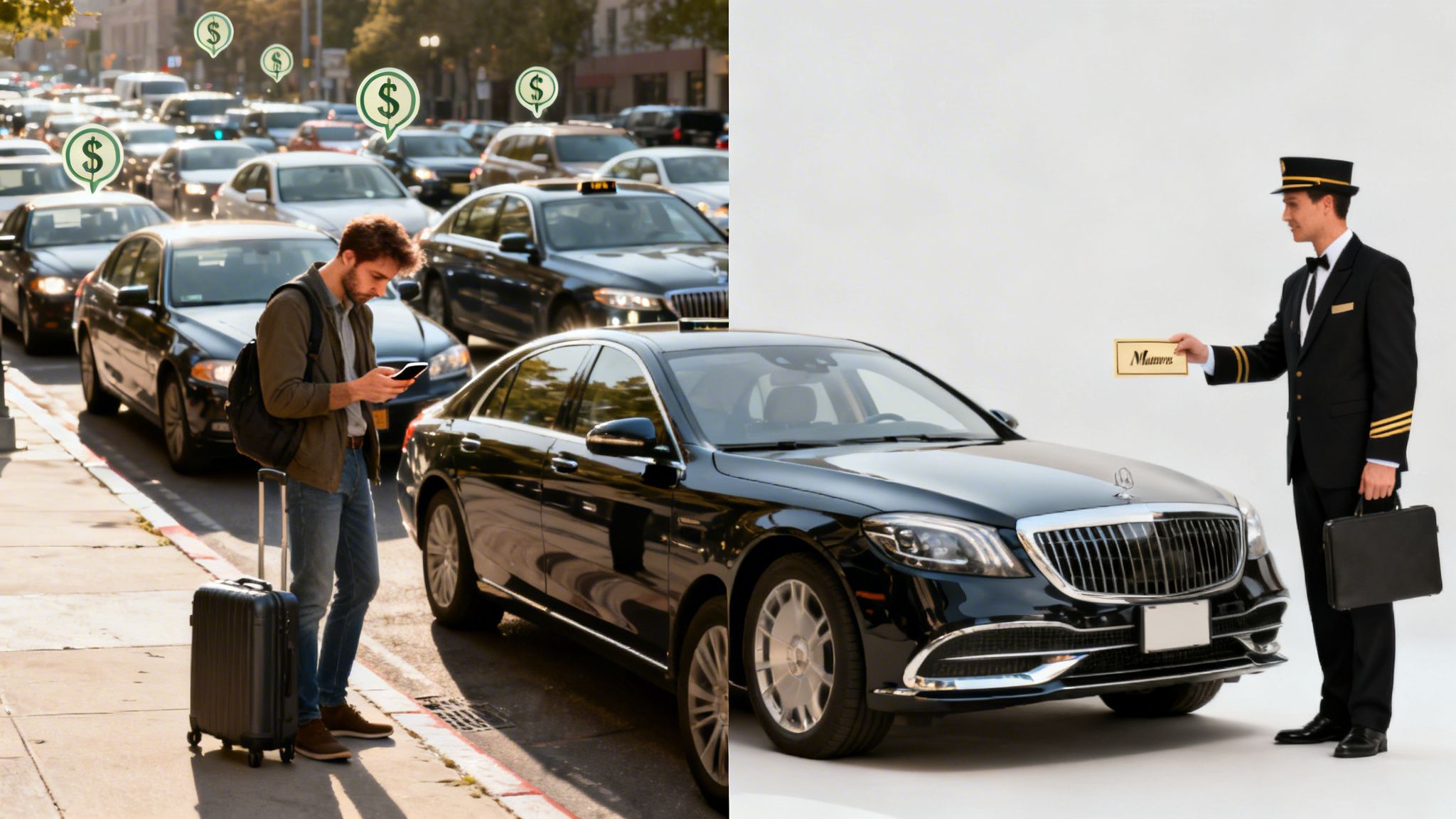 Man checking phone in traffic with money icons, contrasting with a chauffeur and luxury car.