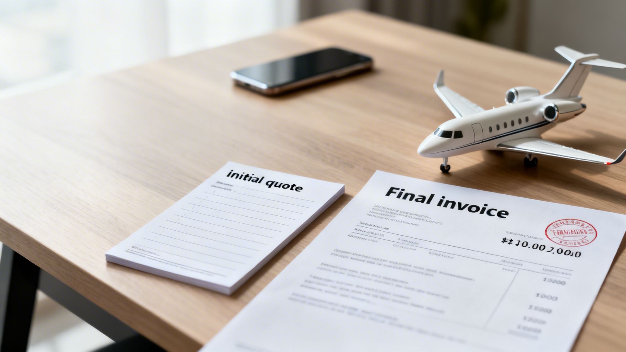 A private jet model, final invoice, initial quote, and phone on a desk, representing charter costs.