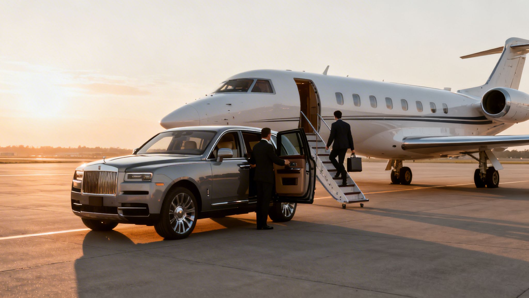 Businessman boarding a private jet from a luxury SUV, assisted by a chauffeur at sunset.