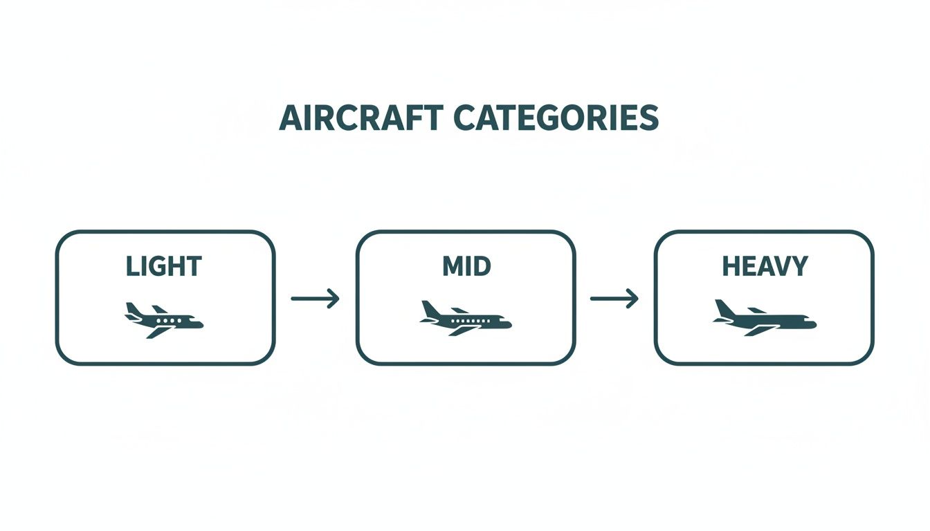 Diagram showing three aircraft categories: Light, Mid, and Heavy, each with a different private jet icon.