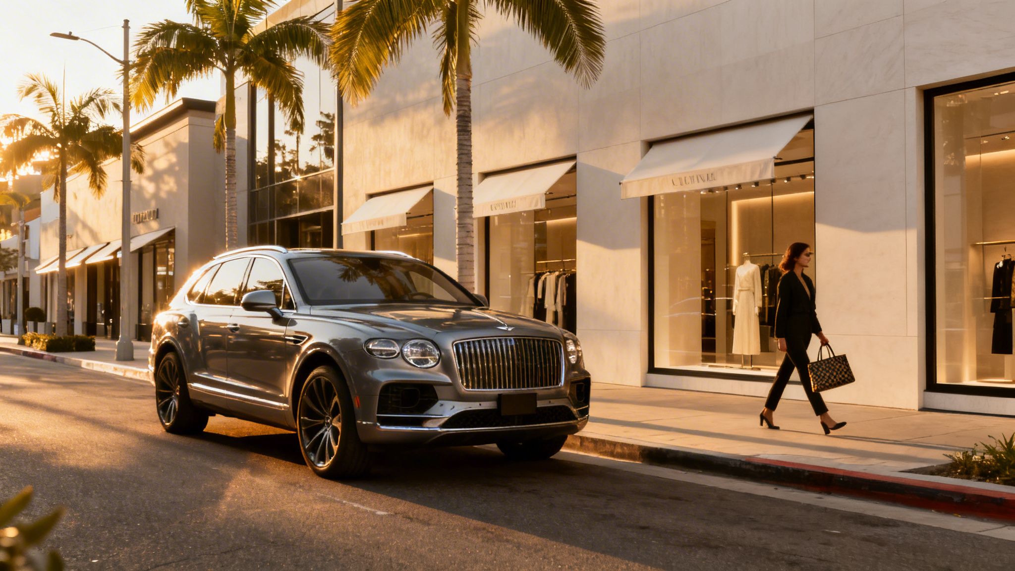 A grey Bentley SUV parked on a sunlit street with a woman walking past luxury stores and palm trees.