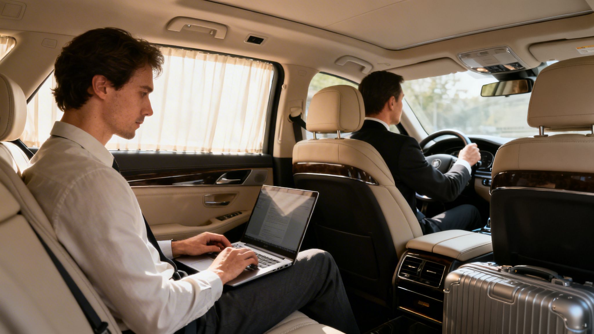 Hire a Driver for Long Distance: The Ultimate Guide for Secure LA & OC Travel 3 A young businessman works on his laptop in the back seat of a luxury car, driven by a chauffeur.