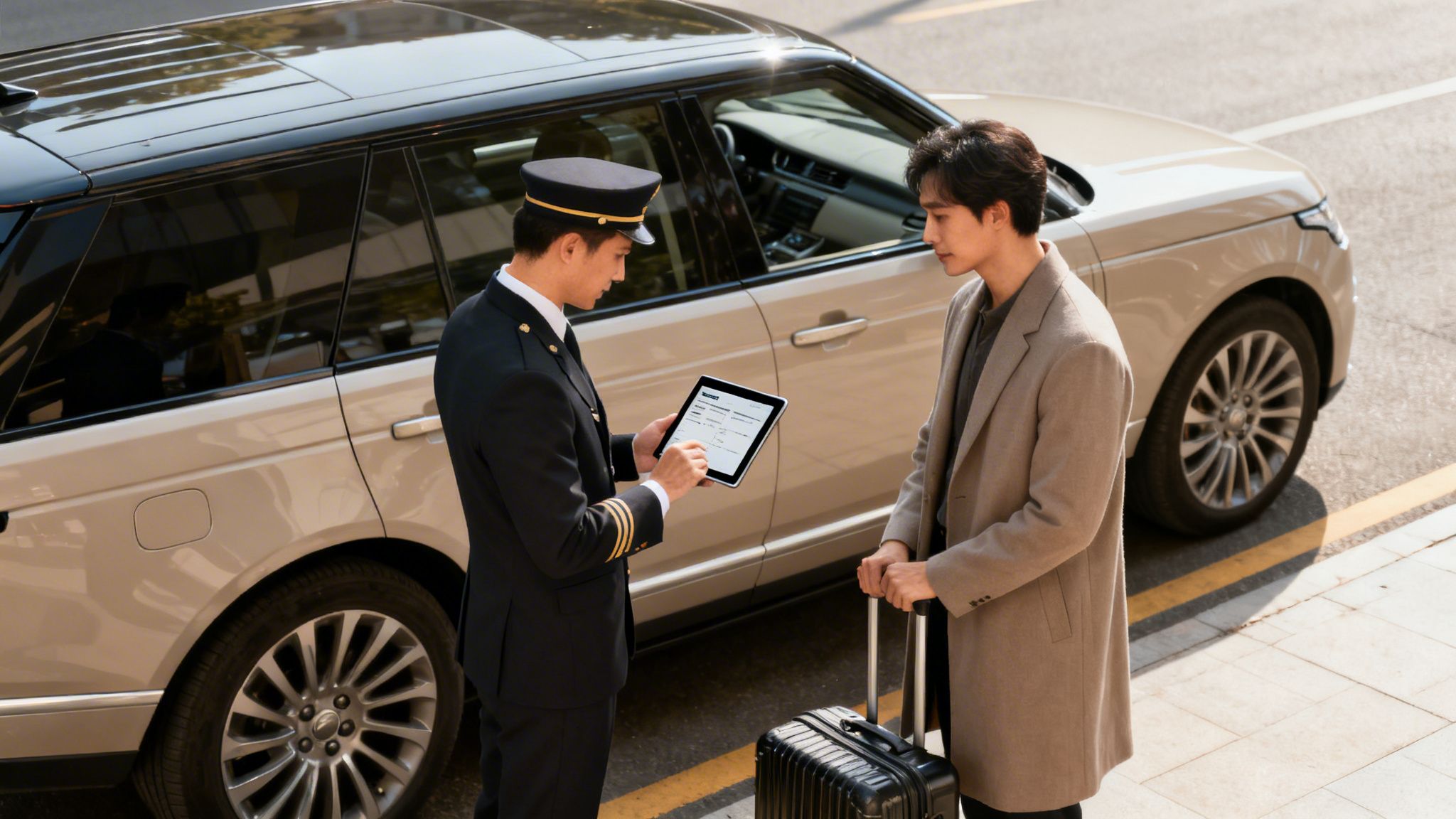 Hire a Driver for Long Distance: The Ultimate Guide for Secure LA & OC Travel 2 A professional driver in uniform assists a passenger with luggage next to a luxury SUV, checking details on a tablet.