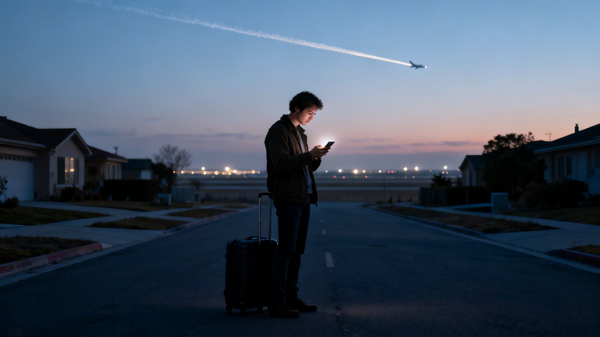 Hire a Driver for Long Distance: The Ultimate Guide for Secure LA & OC Travel 1 A young man with a suitcase checking his phone on a street at dusk, a plane flying overhead.