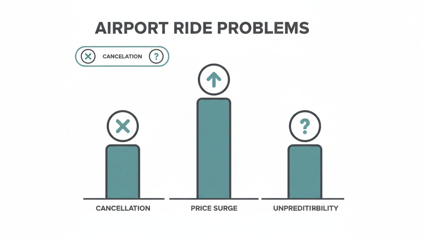 How Much Does a Chauffeur Cost? The 2026 Guide to Certainty 1 An infographic illustrating common airport ride problems including cancellation, price surge, and unpredictability.