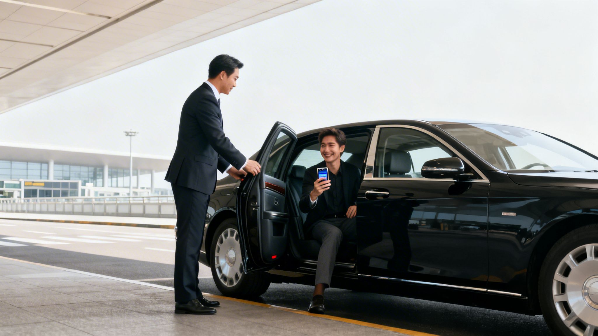How Much Does a Chauffeur Cost? The 2026 Guide to Certainty 2 Smiling businessman with smartphone entering a black luxury car, assisted by a chauffeur at the airport.