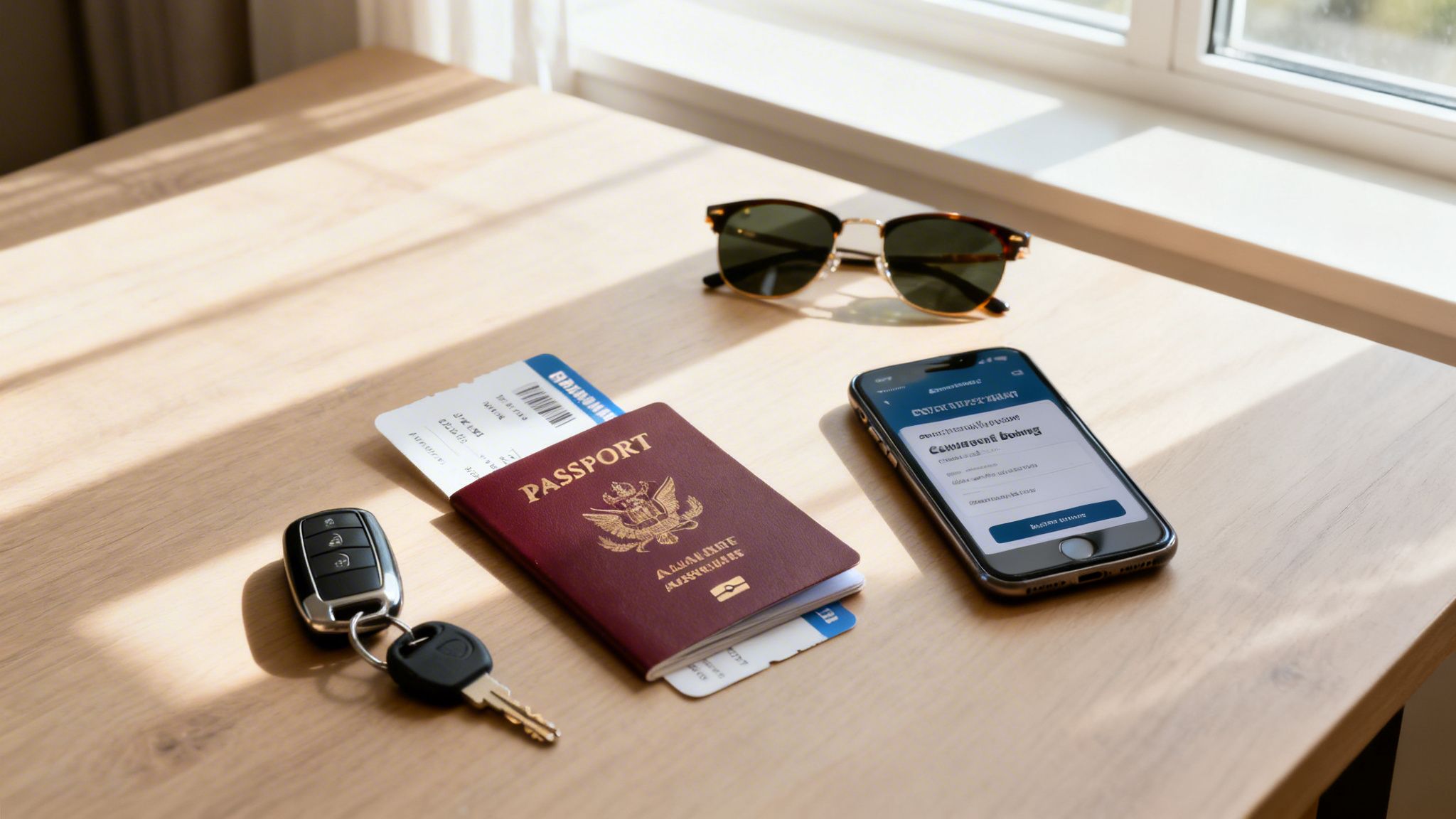 How Much Does a Chauffeur Cost? The 2026 Guide to Certainty 3 Travel essentials including a passport, boarding pass, car keys, sunglasses, and smartphone on a wooden table.