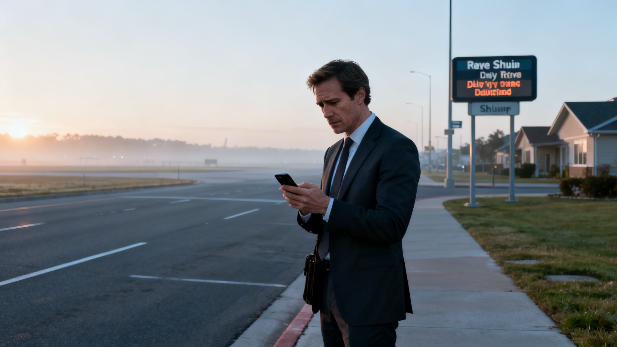 A businessman in a suit looks at his phone on a misty morning by a road.