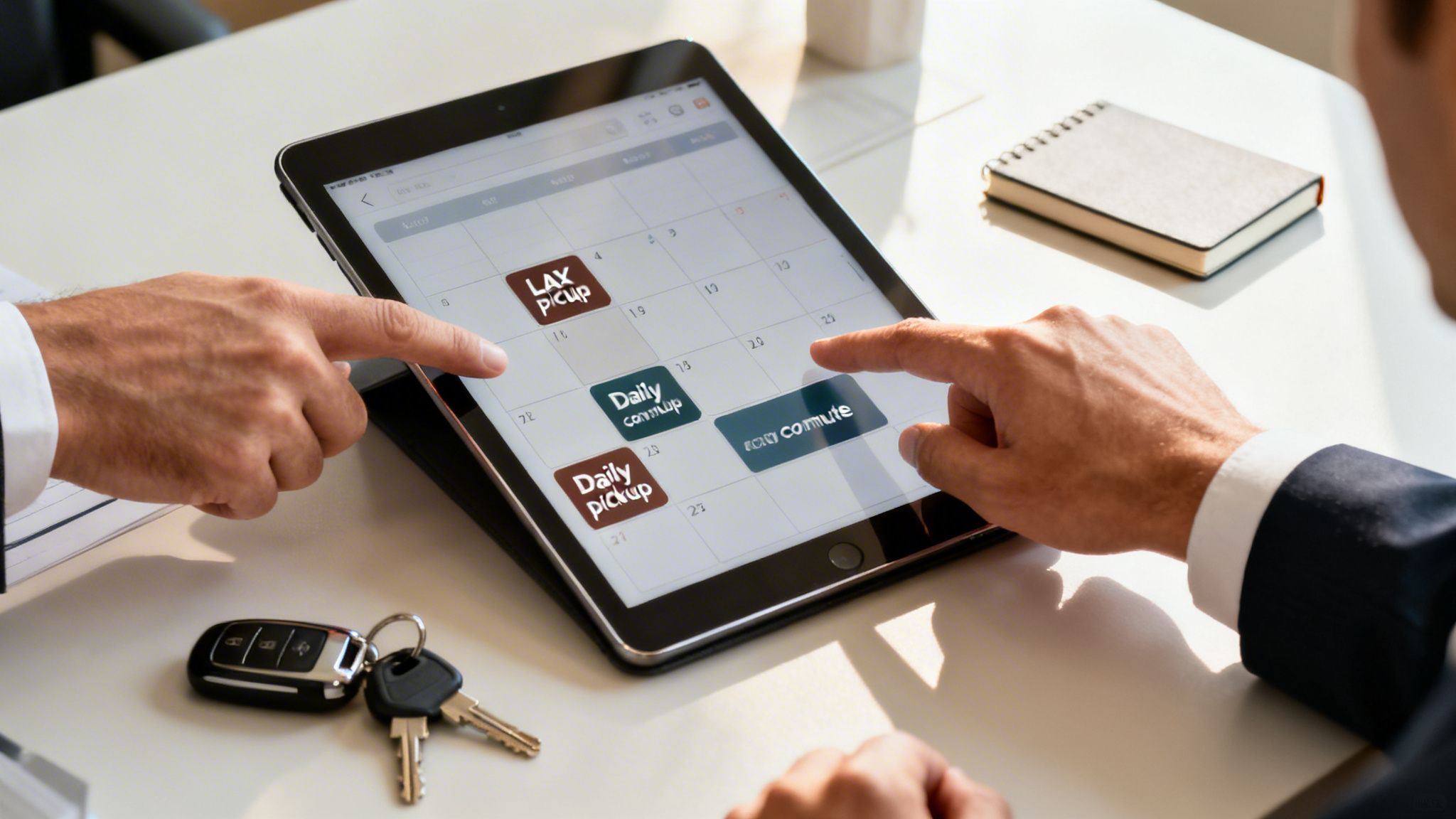 Two businessmen plan transportation on a tablet calendar showing LAX pickup and daily commute events.