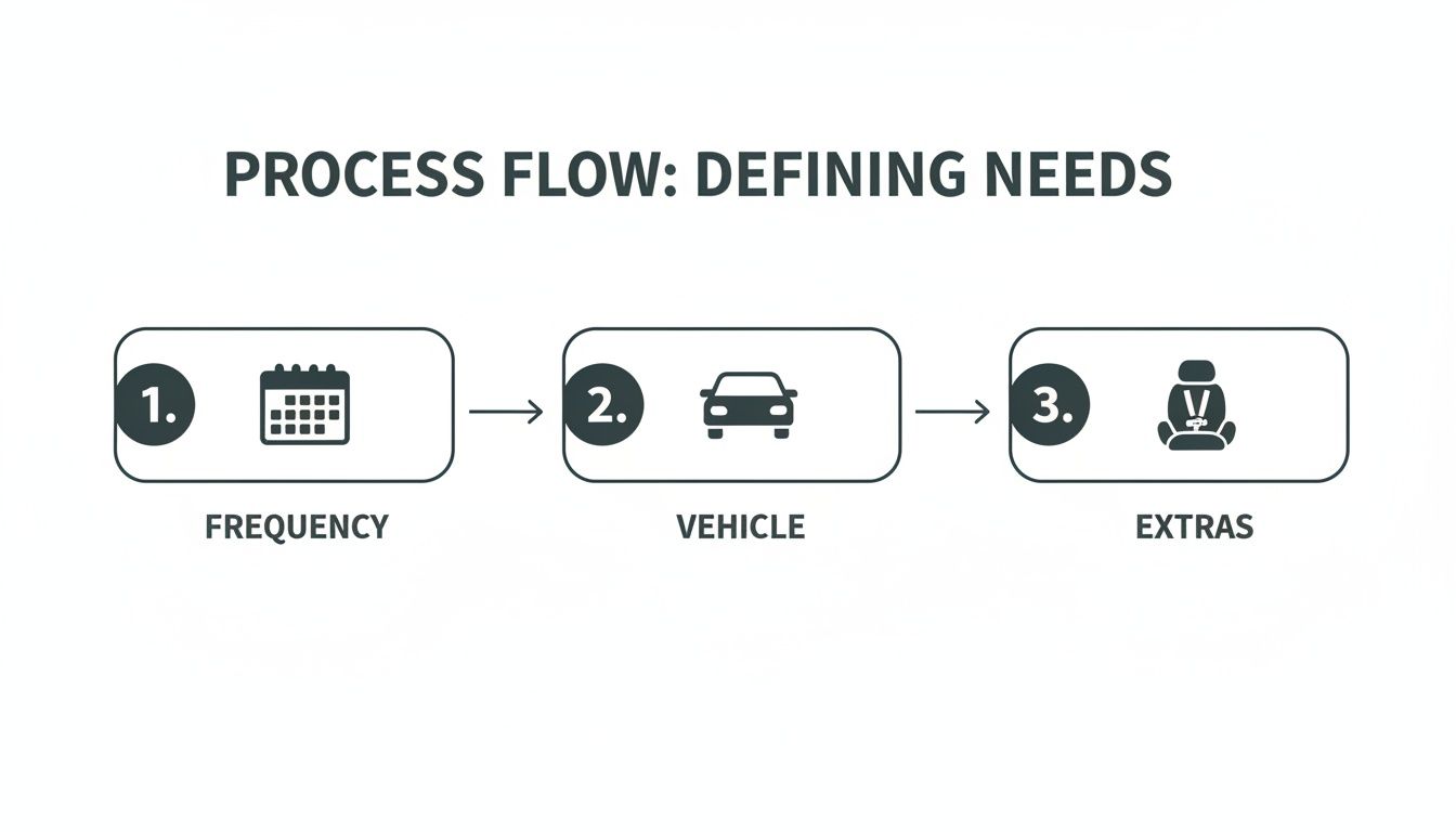 A process flow diagram with three steps: Frequency (calendar), Vehicle (car), and Extras (car seat).