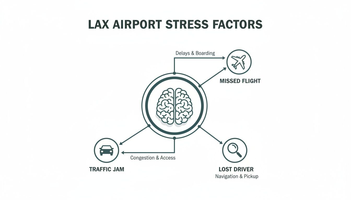 Diagram illustrating LAX airport stress factors, including missed flights, traffic jams, and lost drivers.