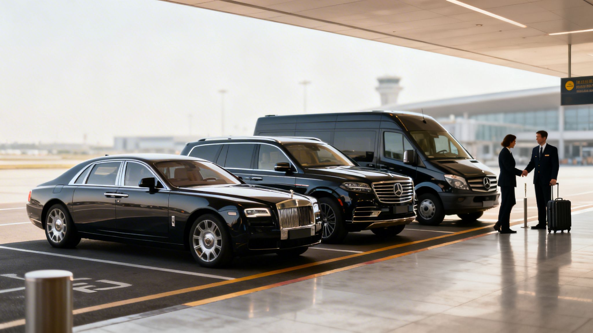 Luxury black cars and van parked at an airport, with chauffeurs shaking hands.