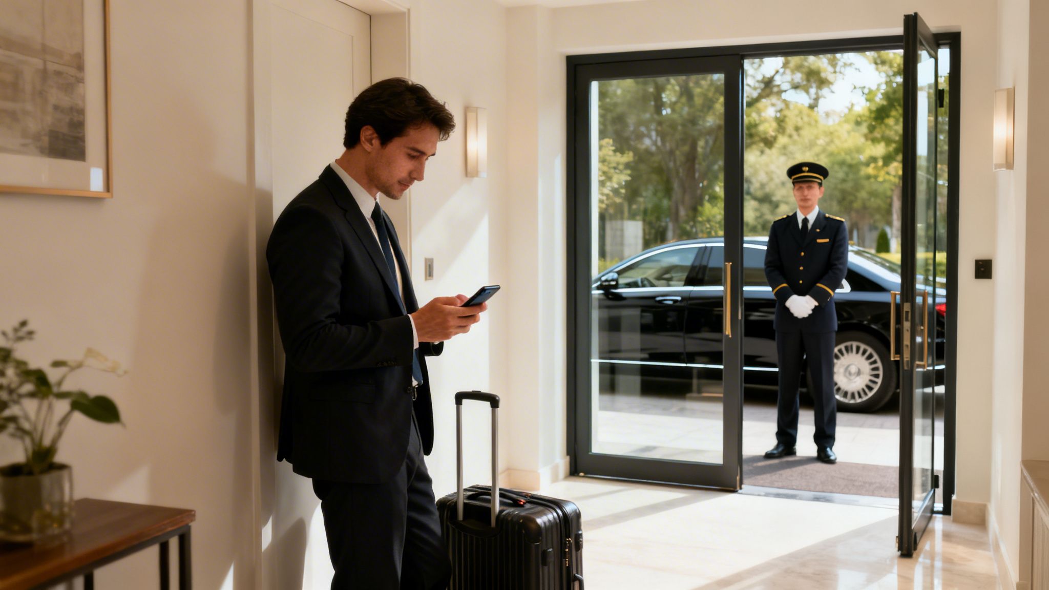 A businessman checks his phone next to luggage, with a doorman waiting by a black car.