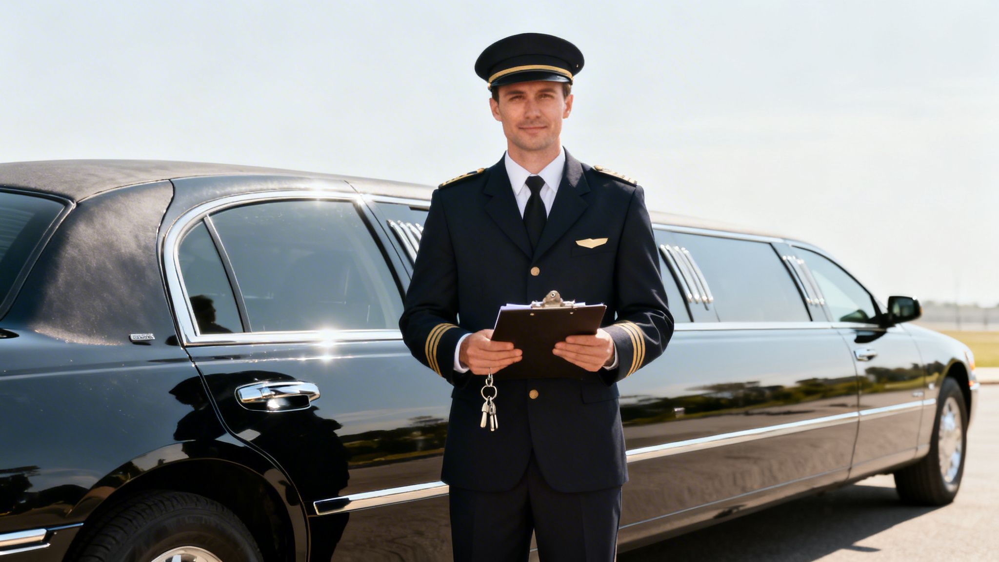 Limos for Prom: Your 5-Step Guide to a Flawless Night 3 A smiling man in a pilot uniform stands by a black limousine, holding a clipboard and keys.