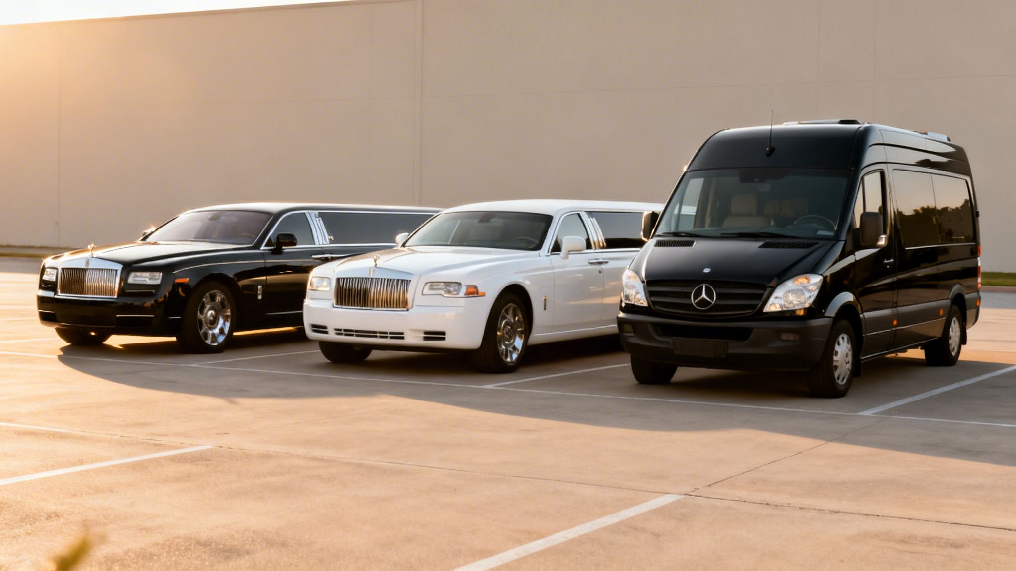 Limos for Prom: Your 5-Step Guide to a Flawless Night 2 Two luxury limousines, a black and white, parked with a black Mercedes-Benz Sprinter van.