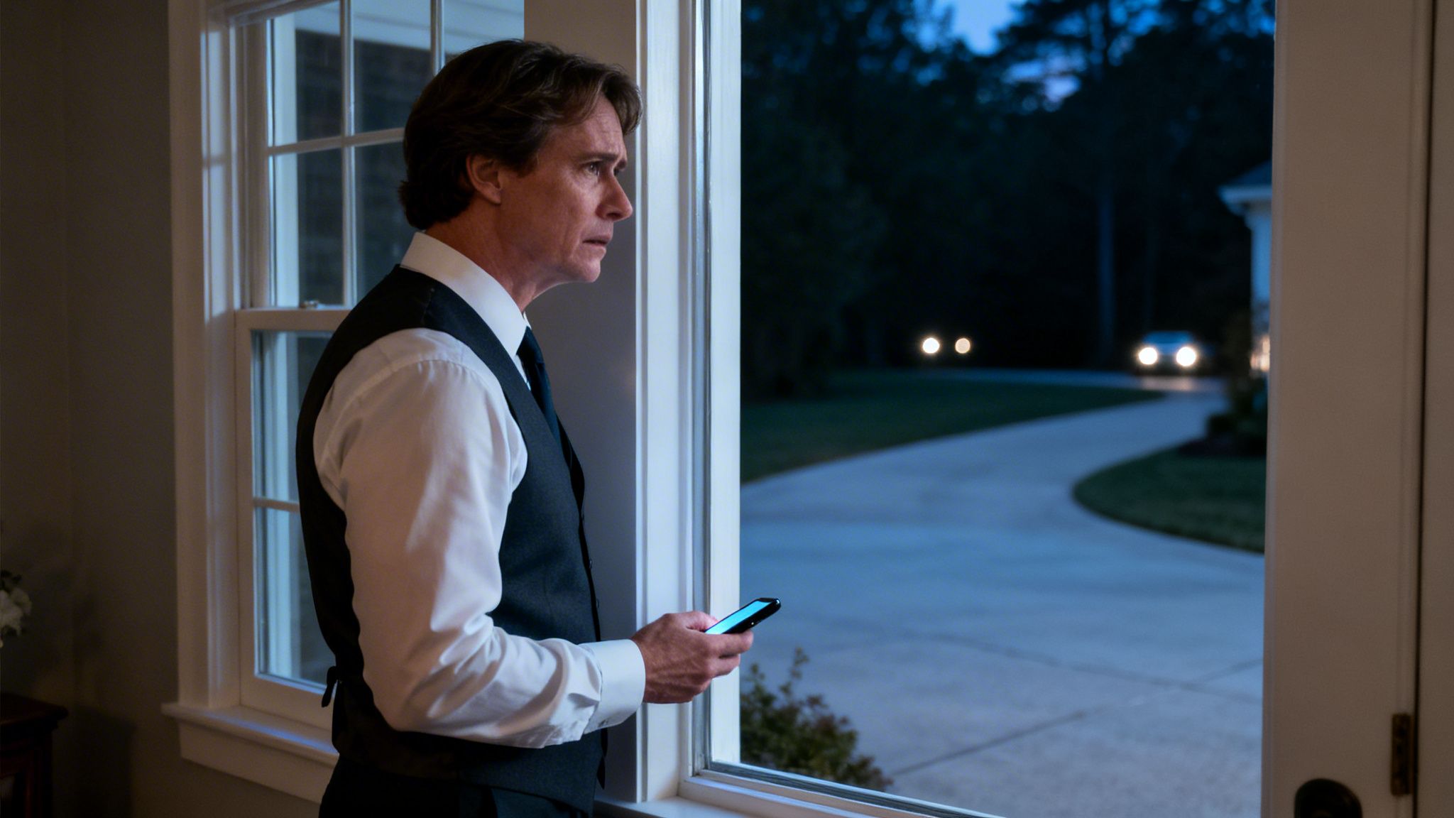 Limos for Prom: Your 5-Step Guide to a Flawless Night 1 Pensive man in suit vest by window at night, holding phone, watching car headlights.