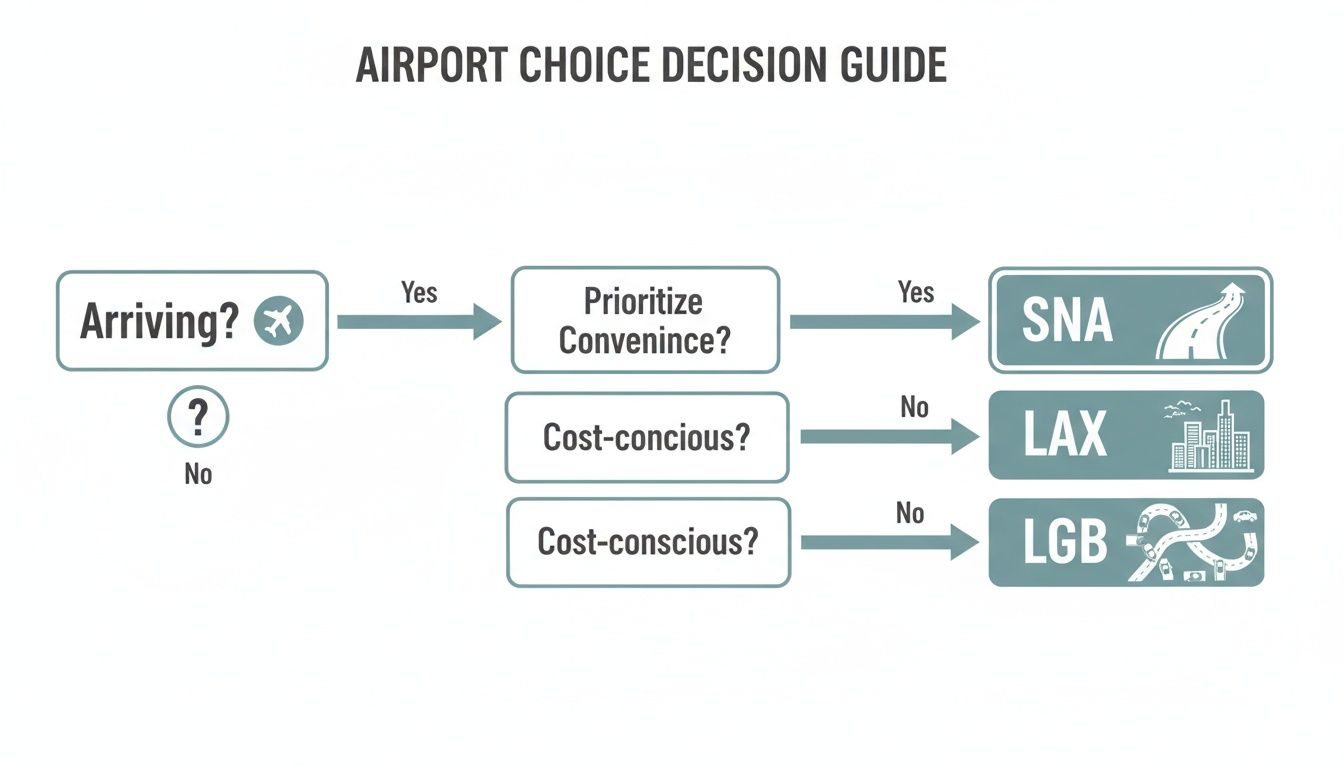 Los Angeles to Disneyland: 3 Essential Steps for a Flawlessly Calm Arrival 2 A flowchart decision guide for choosing an airport, considering arrival, convenience, and cost.