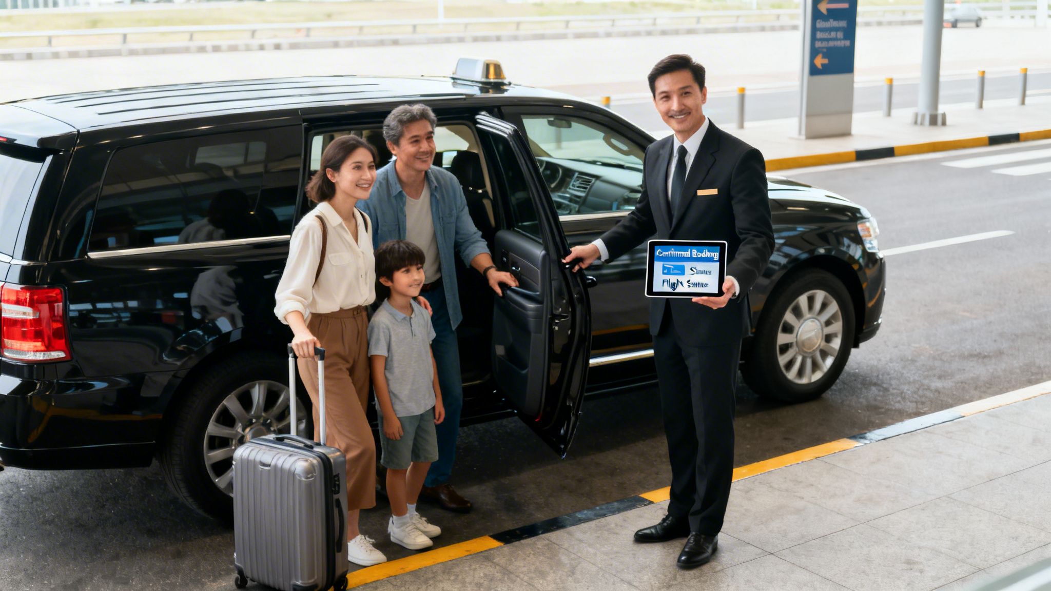 Los Angeles to Disneyland: 3 Essential Steps for a Flawlessly Calm Arrival 3 A smiling chauffeur opens a black car door for a happy family with luggage at an airport.