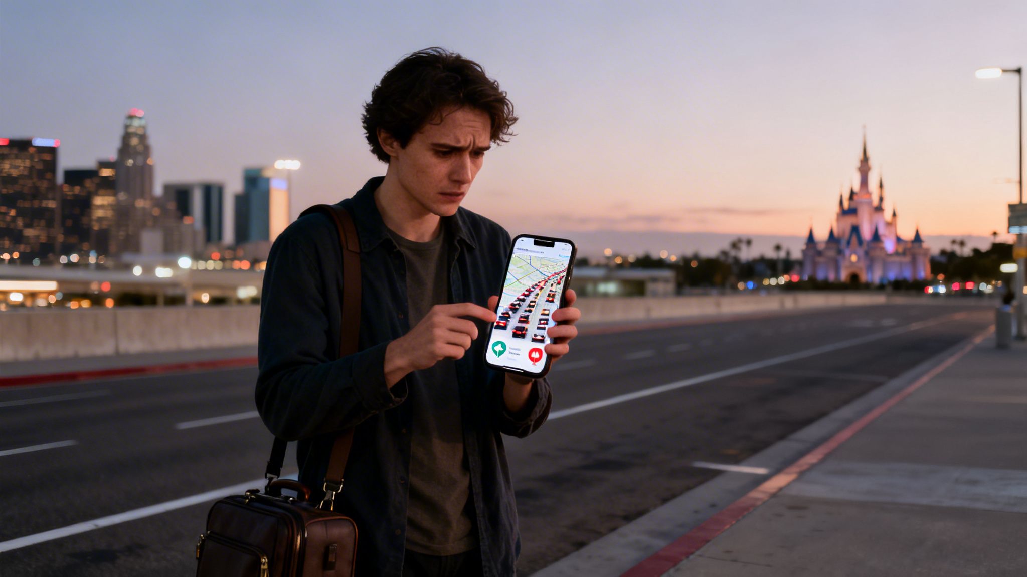 Los Angeles to Disneyland: 3 Essential Steps for a Flawlessly Calm Arrival 1 Concerned man views a smartphone displaying a traffic map, with Los Angeles skyline and Disneyland castle in the background.