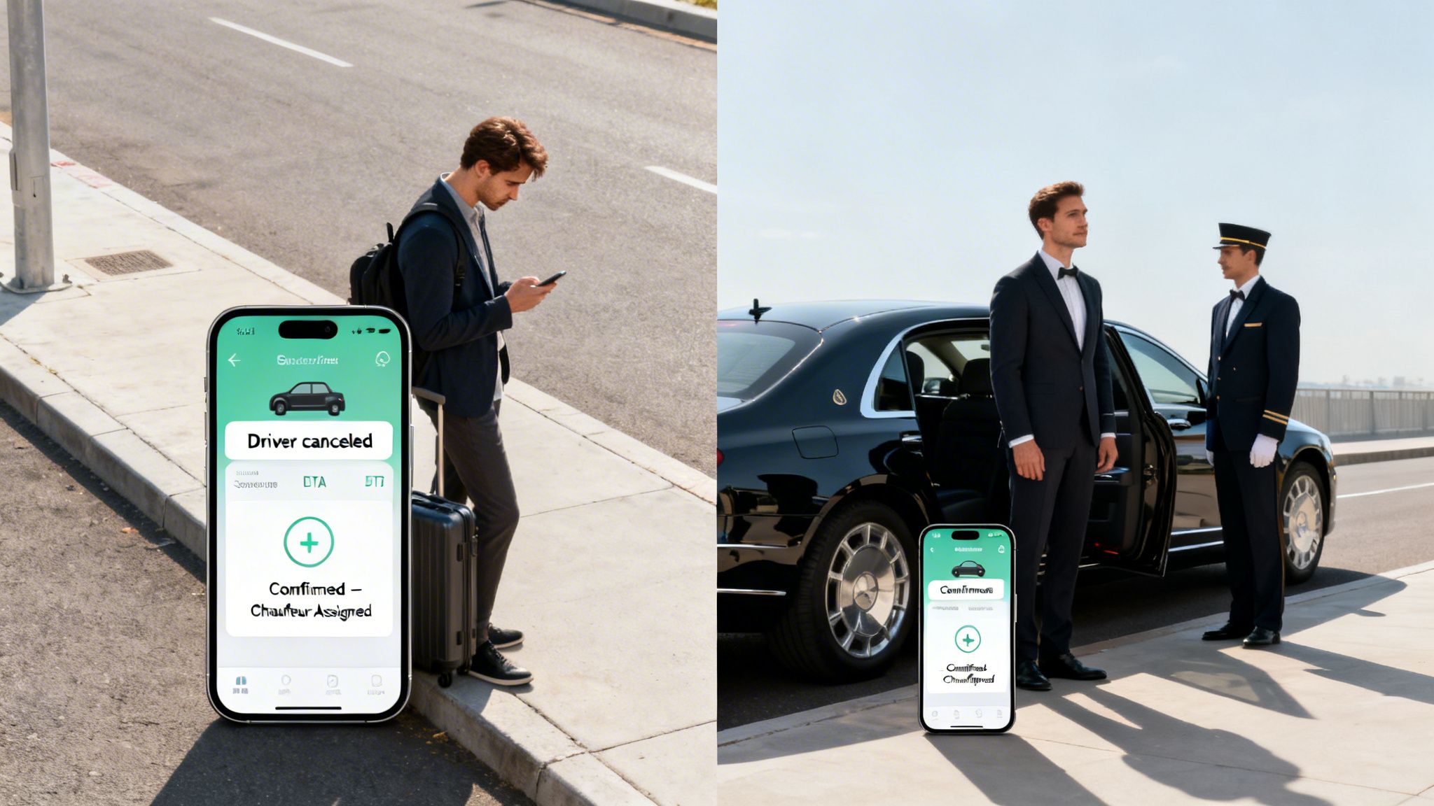 A man uses a smartphone app for a private driver, then is greeted by a chauffeur next to a luxury car.