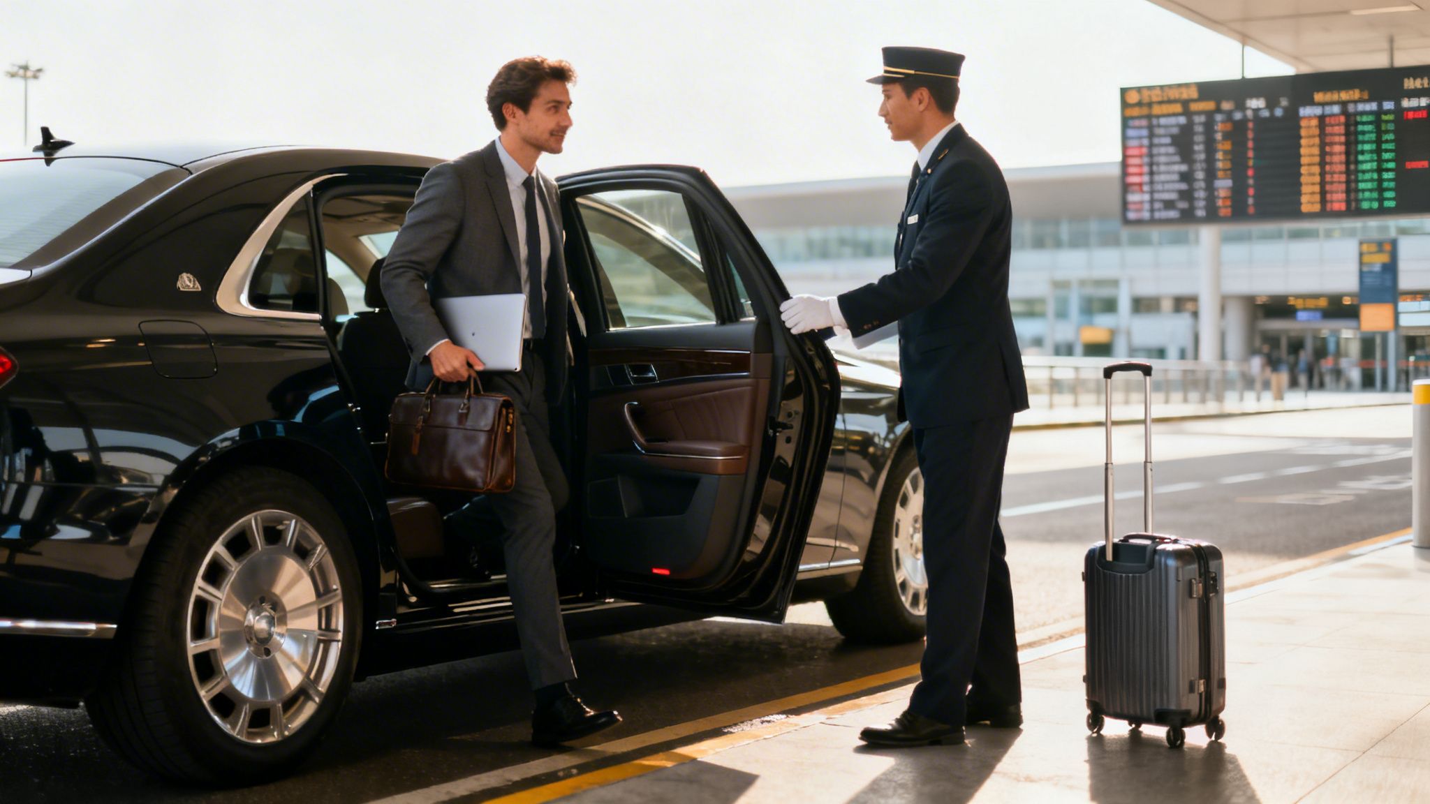 Businessman with laptop and briefcase exiting a luxury car, assisted by a chauffeur at an airport.